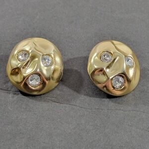 Large Abstract Button Clip On Earrings Gold Rhinestones Chunky 80s Gaudy Bold